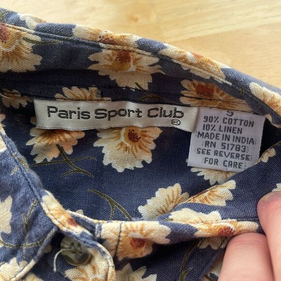 Vintage Sunflower Cotton Linen Blue Button Up - Picture 2 of 3